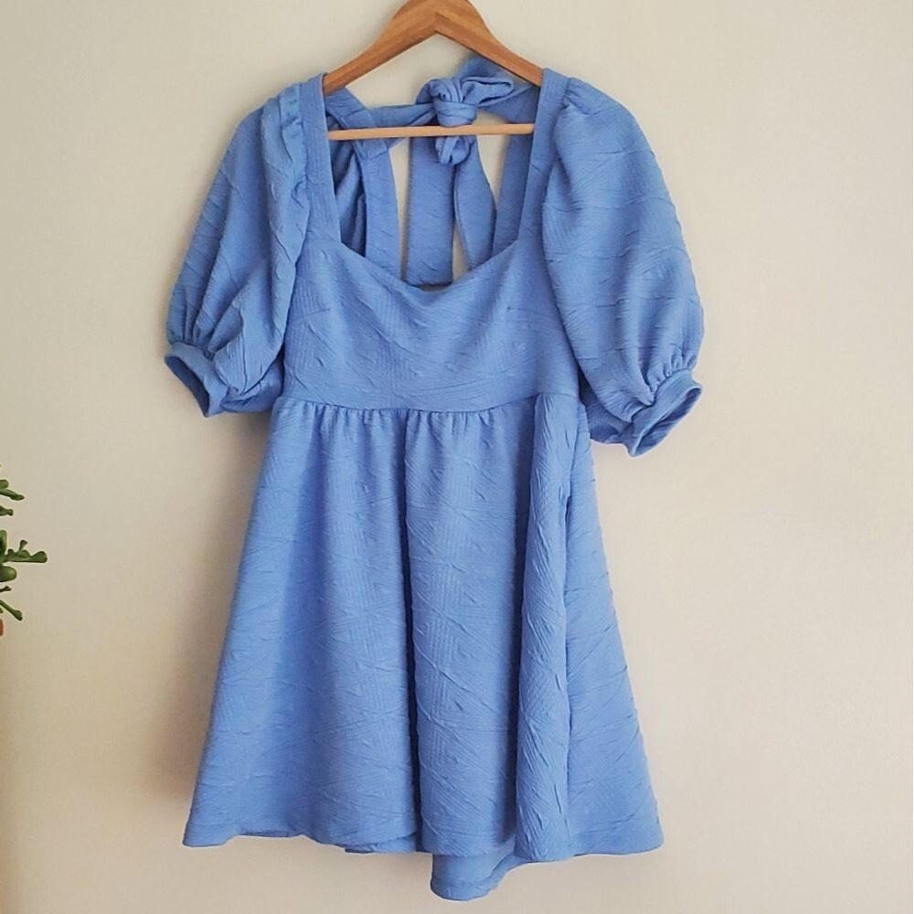 Free people violet mini dress with puff sleeves in periwinkle blue women's small